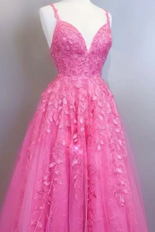 white evening dress for summer -A-line bright pink lace appliqued long prom dress with lace up back c3446