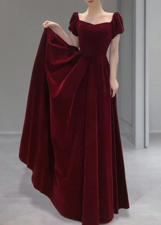 satin evening dress for summer -A Line Burgundy Velvet Long Prom Dresses cc924