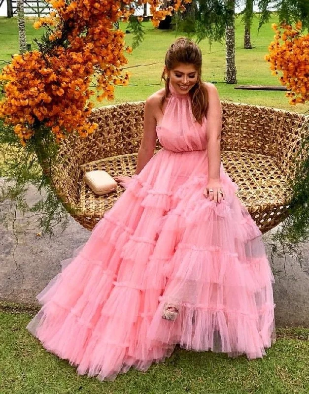 plus size evening dress for summer -A Line Layered Pink Prom Dresses Long,Pink Formal Evening Dresses cc542