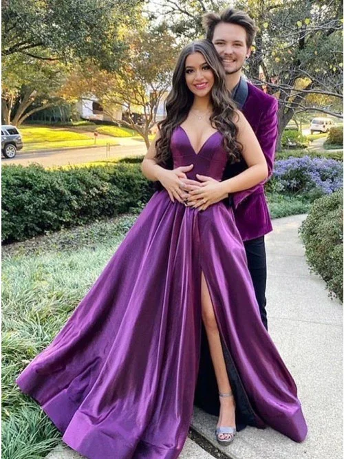 stylish evening dress for summer -A-Line Long Purple Prom Dresses V neck Satin Evening Gown c3251