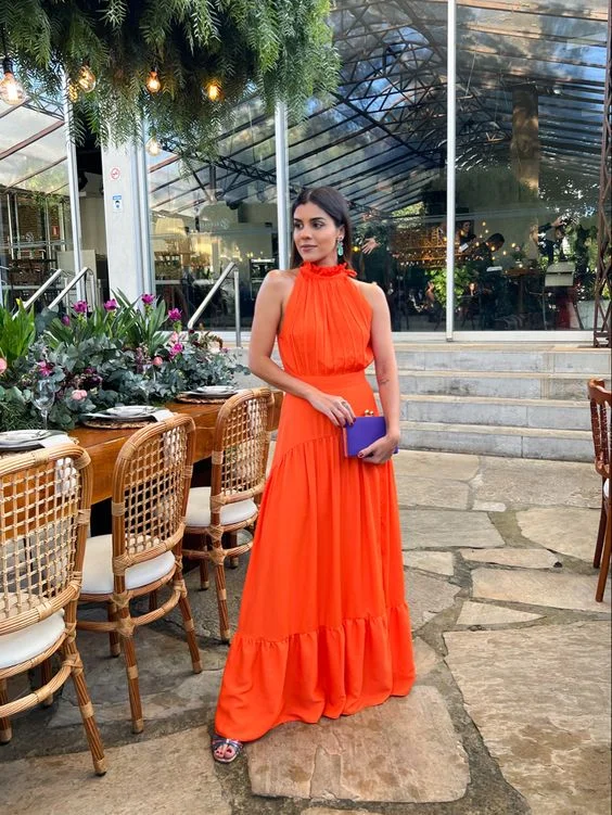 affordable evening dress for summer -A-line Orange Prom Dress Summer Fashion Halter Pure Color Dress Elegant Style Ladies Swing Dress cc778