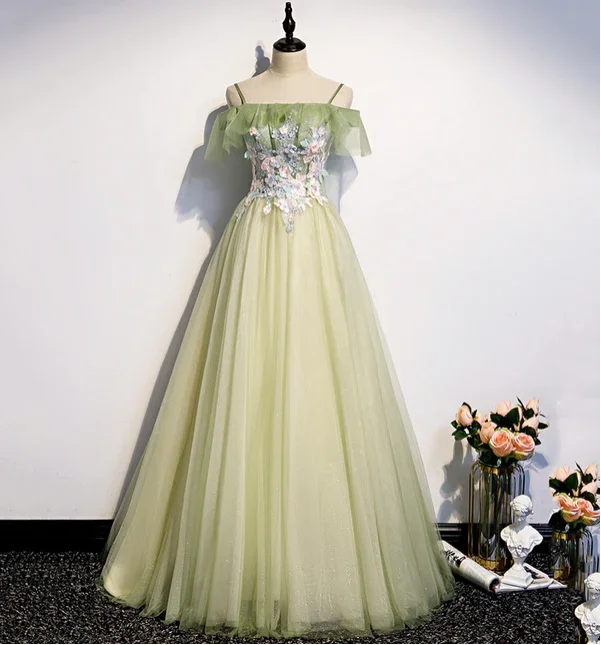 floral evening dress for travel -Light Green Pleated Floral Embroidery Long Prom Dress Medieval Renaissance Gown  cc23