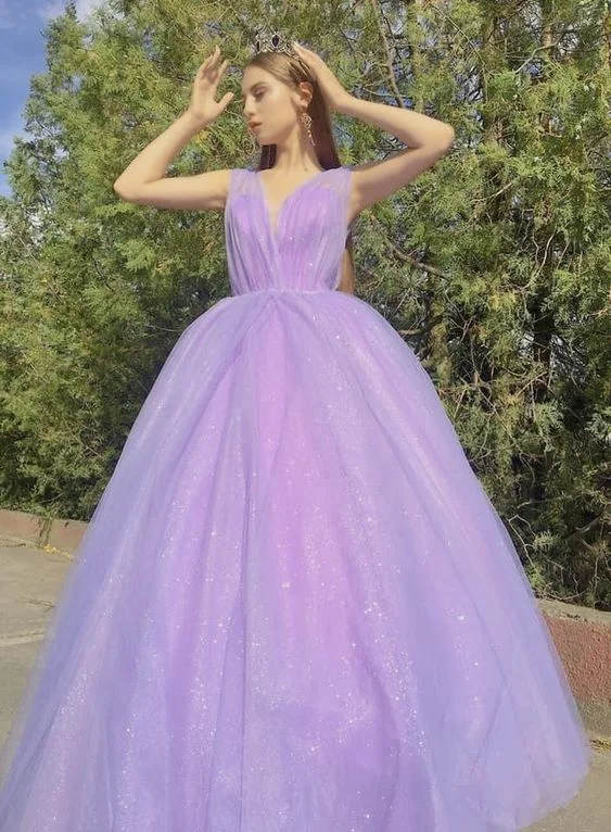 modern evening dress for night -A-line V-neck Light Purple Prom Dress Gliter Formal Dress cc46