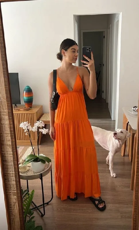 white evening dress for summer -A-line V Neck Orange Chiffon Prom Dress,Orange Beach Dress cc523