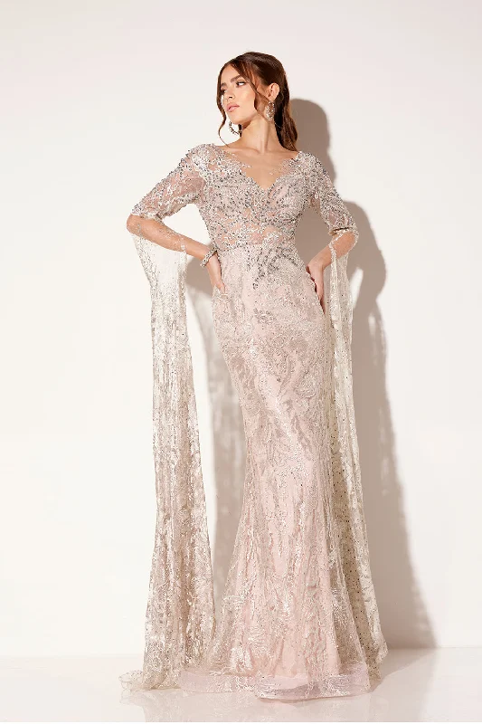 satin evening dress for prom -Applique Fitted Long Sleeve Gown by Lucci Lu C8073