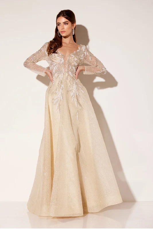 chic evening dress for summer -Applique Long Sleeve A-line Gown by Lucci Lu C8083