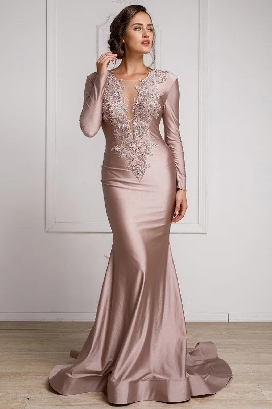 silver evening dress for summer -Applique Long Sleeve Lycra Gown by Amelia Couture 382