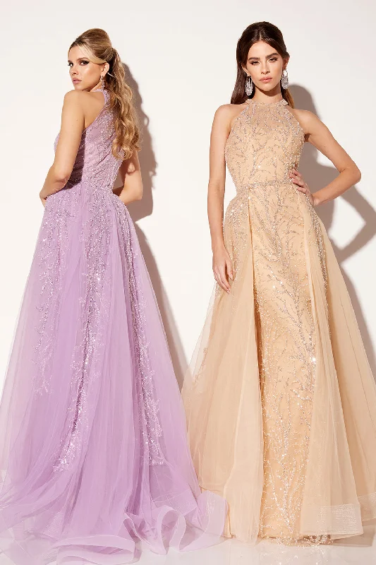 affordable evening dress for summer -Beaded Halter Overskirt Gown by Lucci Lu C8034