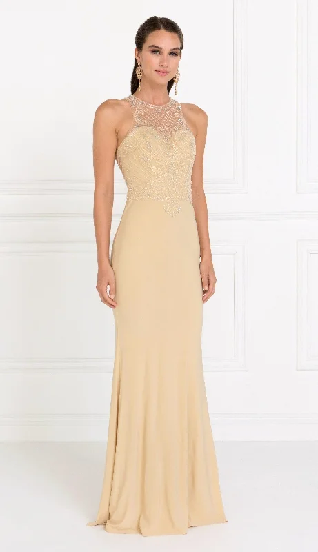 short evening dress for women -Beaded Illusion Champagne Mermaid Dress by Elizabeth K GL1507