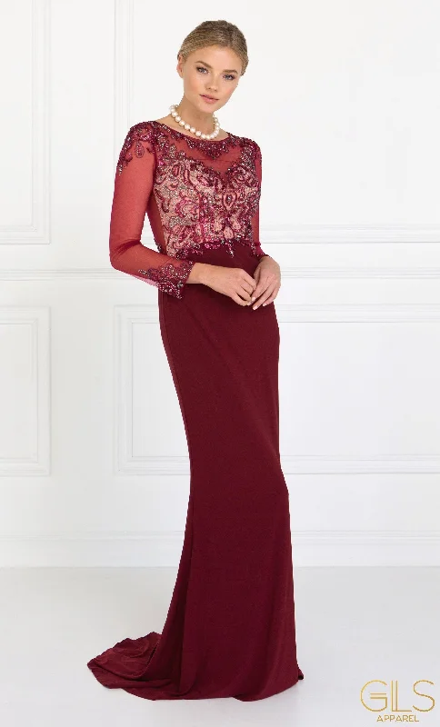 satin evening dress for summer -Beaded Illusion Long Sleeve Gown by Elizabeth K GL1506