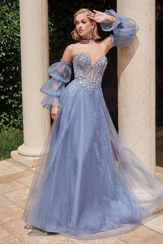 velvet evening dress for summer -Beaded Strapless Puff Sleeve Tulle Gown by Ladivine CD830