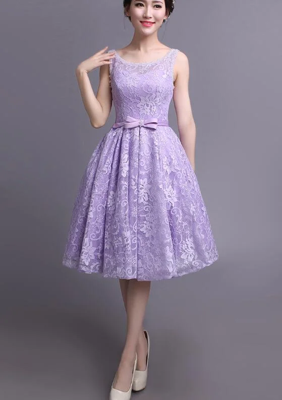 simple evening dress for summer -Beautiful Light Purple Lace Knee Length Wedding Party Dress, Round Neckline Short Prom Dress c3171