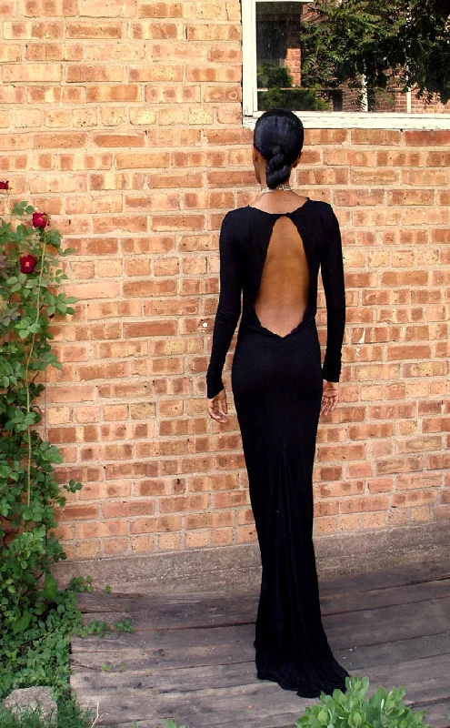 red evening dress for summer -Black Backless Full Length Gown, Black Prom Dress, Black Formal Dress, Long Sleeves Prom Gown, Black Evening Dress cc155