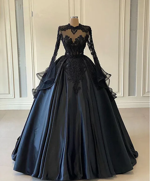 pink evening dress for summer -Puffy Ball Gown Women Long Sleeve Evening Dress Black Lace Twill Satin Beaded Dubai Style Formal Prom Dresses c3303