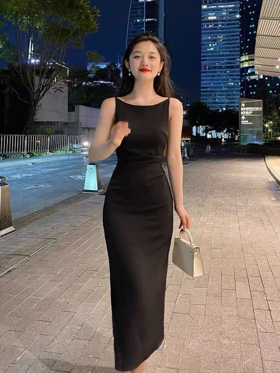 blue evening dress for summer -Black Boat Neck Satin Dress,Bodycon Long Prom Dress,Beautiful Satin Dress cc572