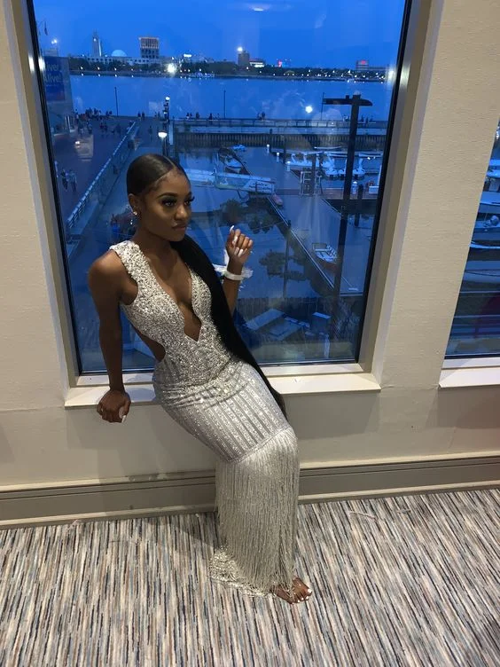 sequin evening dress for summer -Black Girl Silver Luxurious Evening Dress  Charming Mermaid Prom Dress  cc74