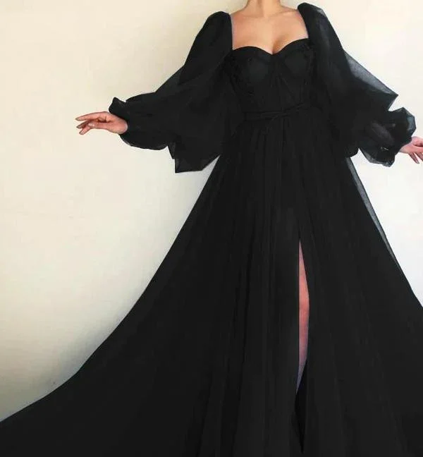 lace evening dress for summer -Black Prom Dress,Long Sleeves Formal Dress,Black Prom Dress cc276