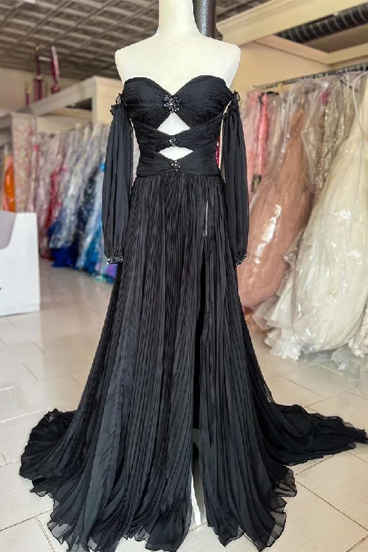 white evening dress for summer -Black Rhinestones Strapless A-Line Prom Dress with Sleeves cc892