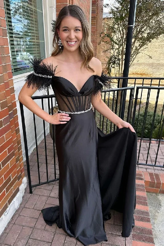 silver evening dress for summer -Black Satin Feather Off the Shoulder Mermaid Long Prom Dresses cc893