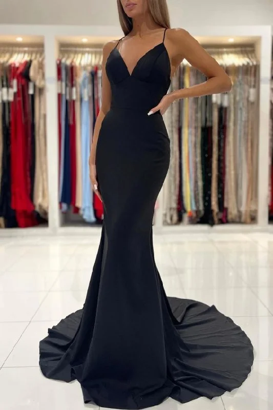 designer evening dress for sale -Black V-Neck Spaghetti-Straps Prom Dress Mermaid Sleeveless cc433