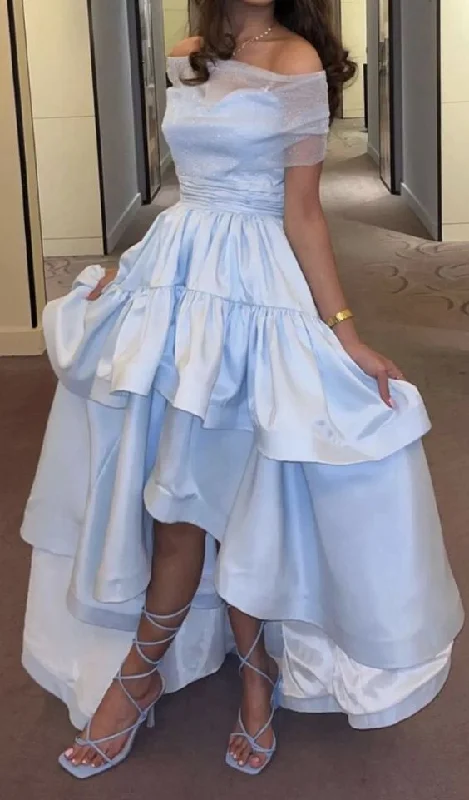 satin evening dress for summer -Blue Off The Shoulder A-line Prom Dress,Blue Formal Dress  cc956