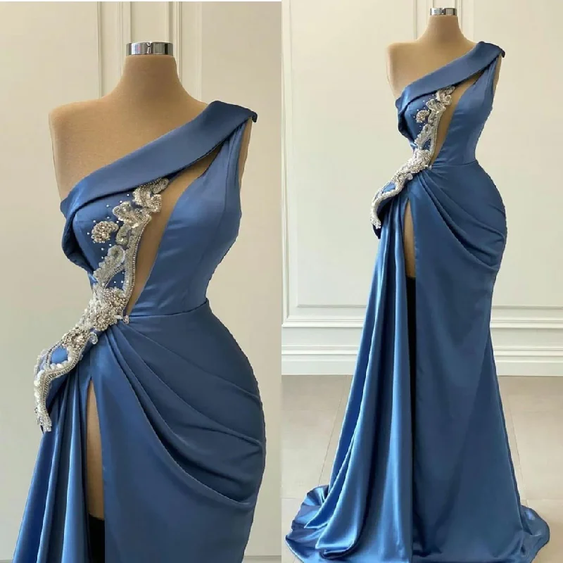 chic evening dress for prom -Blue Sexy Arabic Evening Gowns Robes Customize Party Dress  Mermaid One Shoulder High Side Split Satin Beads Prom Dresses c2723