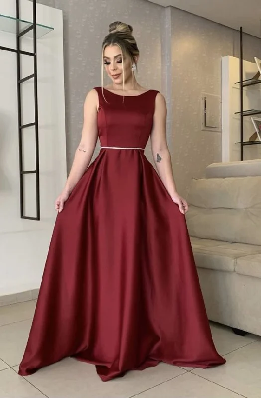 red evening dress for summer -Burgundy Bateau Neckline Long Prom Dress Chic Evening Dress Sleeveless Formal Gown cc291