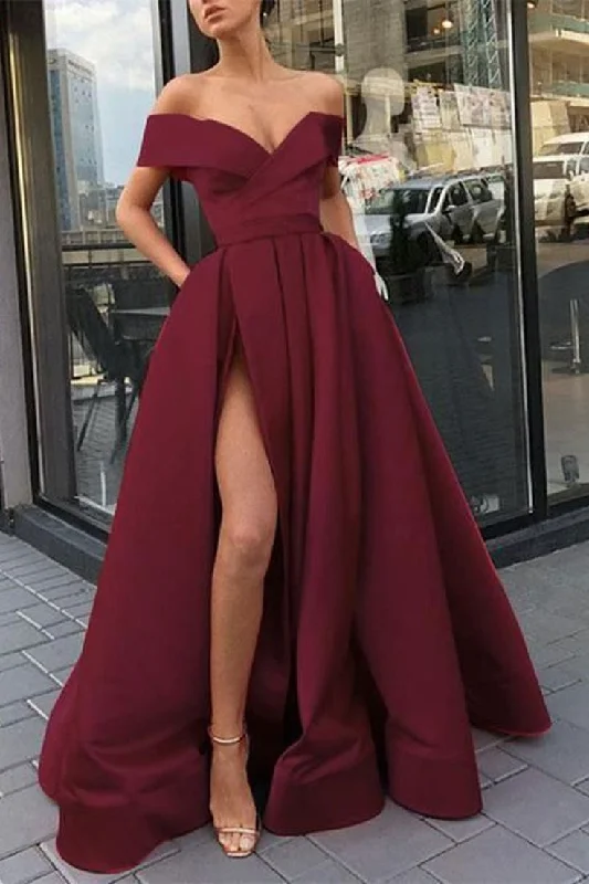 silver evening dress for summer -Burgundy v neck satin off shoulder long prom dress burgundy evening dress cc325