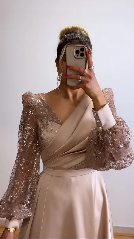 purple evening dress for summer -Champagne Evening Dress For Wedding Party V-Neck Satin Glitter Prom Dress Long Puffy Sleeves  cc685