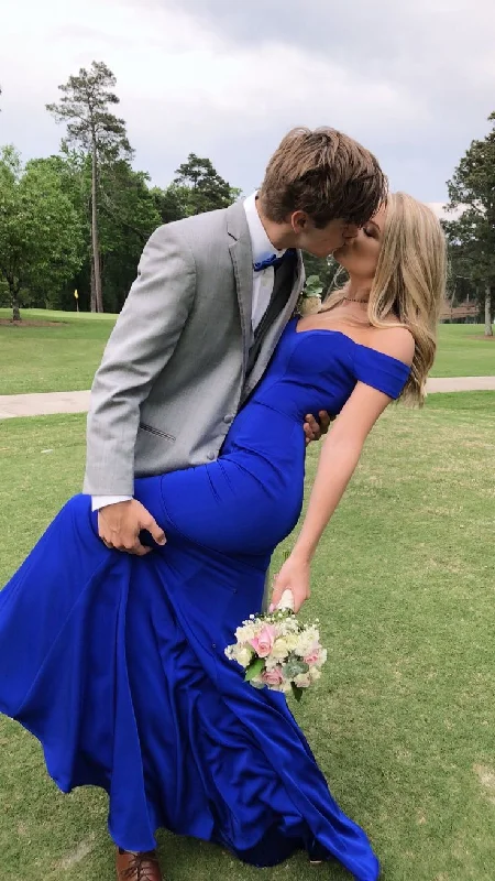 white evening dress for summer -Charming Mermaid Off the Shoulder Royal Blue Satin Prom Dresses,Evening Dresses cc707