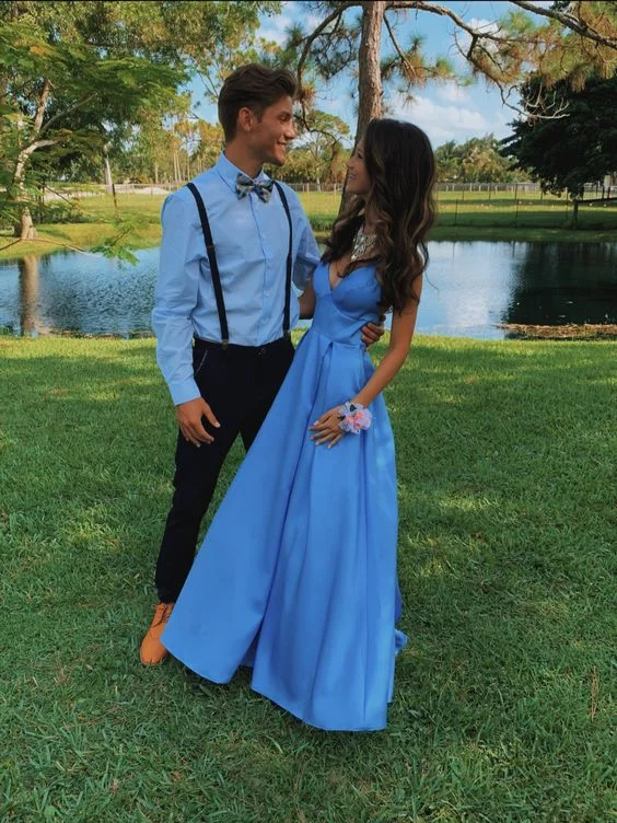 blue evening dress for summer -Chic A-line Blue V Neck Prom Dress,Blue Formal Dress  cc922