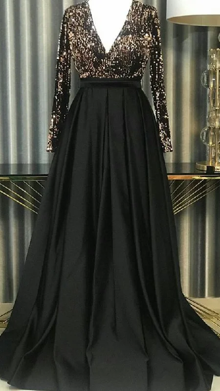 pink evening dress for summer -Chic Black A-line Long Sleeves Prom Dress,Black Formal Dress cc903