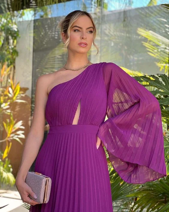 simple evening dress for summer -Chic Purple One Sleeve A-line Pleated Prom Dress cc699