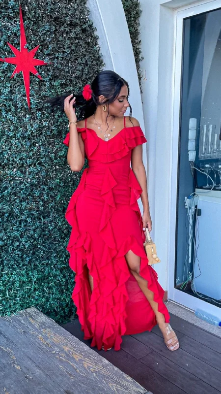 velvet evening dress for summer -Chic Red Sheath Ruffle Prom Dress,Red Evening Dress cc713