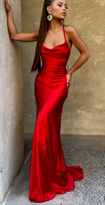 velvet evening dress for summer -Classic Mermaid Red Cowl Neck Satin Prom Dress cc680