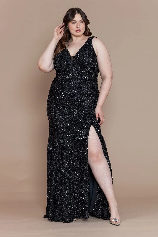 vintage evening dress for summer -Plus Size Fitted Sleeveless Sequin Slit Gown by Poly USA W1122