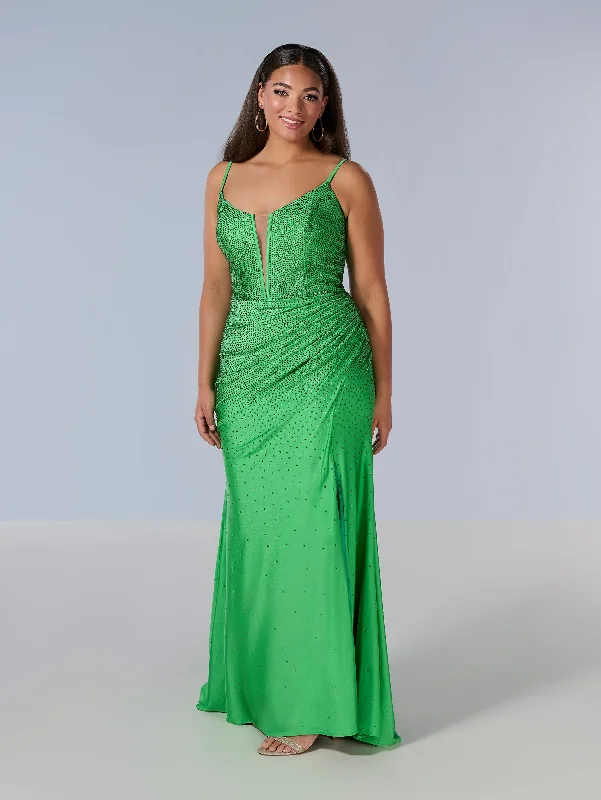 modern evening dress for summer -Curvy Fitted V-Neck Slit Gown by Tiffany Designs 16194