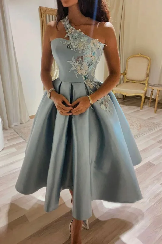 off shoulder evening dress blue -Cute One Shoulder Satin Lace Short Prom Dress, A-Line Party Dress cc881