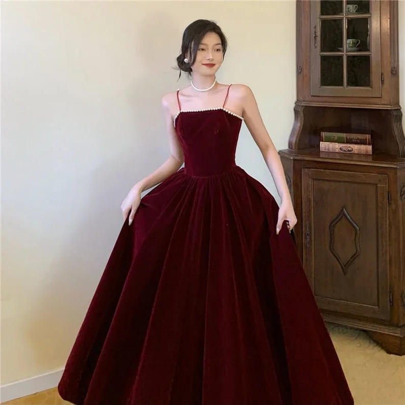 vintage evening dress for summer -Dark Burgundy Spaghetti Straps Dress Women Prom Dress Birthday Party Dress Event Gown Dress c2921