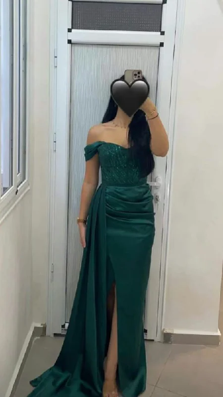 stylish evening dress for summer -Dark Green Satin Off Shoulder Mermaid Side Slit Long Evening Prom Dresses cc894