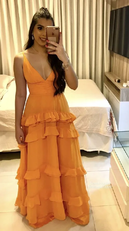 off shoulder evening dress yellow -Elegant A-line Orange V Neck Long Prom Dress  cc546