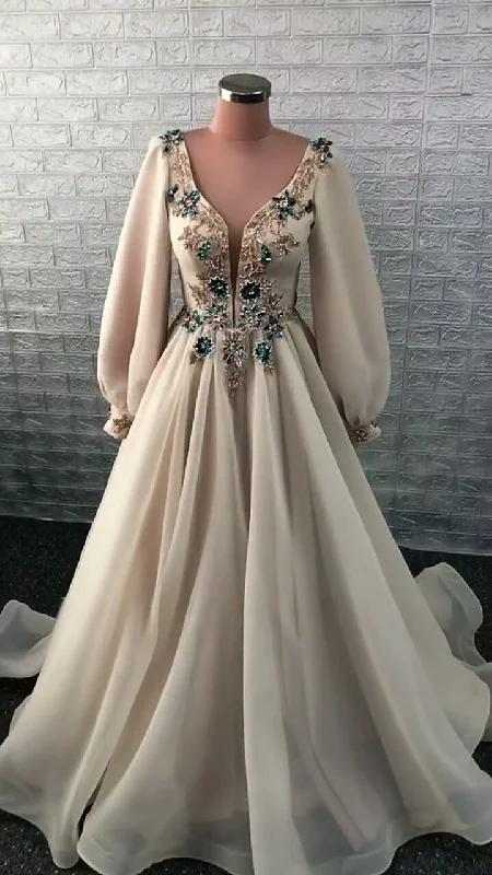 formal evening dress for summer -Elegant A-line V Neck Long Sleeves Prom Dress,Modest Prom Gown cc682