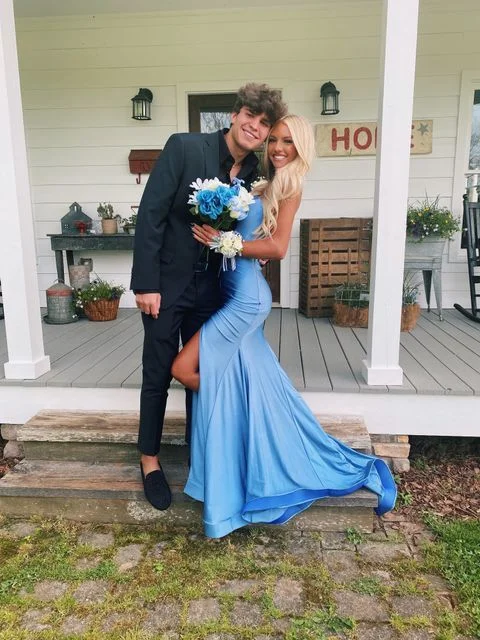 satin evening dress for summer -Elegant Blue Mermaid Prom Dress,Blue Evening Dress  cc937