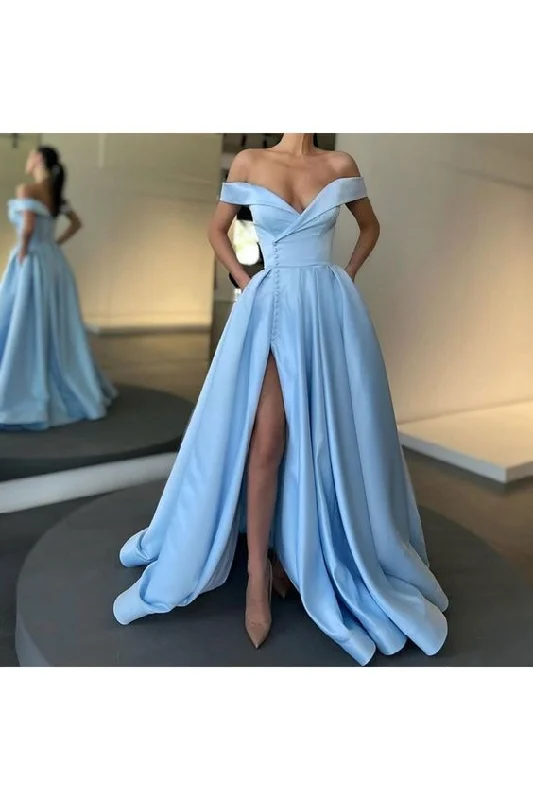 vintage evening dress for summer -Elegant Long Blue Satin Off the Shoulder Prom Dress Formal Evening Gowns cc475