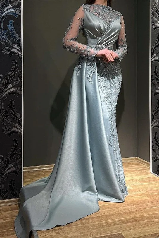 plus size evening dress for summer -Elegant Long Mermaid Jewel Satin Appliques Lace Beading Prom Dress with Sleeves cc686