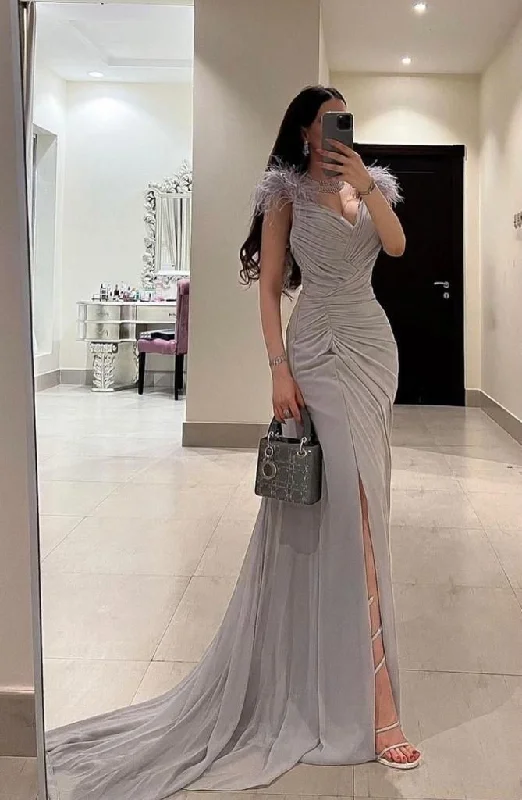 chic evening dress for summer -Elegant Mermaid Prom Dress For Women Feather V-Neck Pleat Split Party Evening Dress cc584