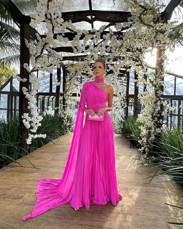 plus size evening dress for summer -Elegant One Shoulder Evening Dress Women Pleated Chiffon High Neck A Line Floor Length Party Formal Occasion Prom Gown cc655