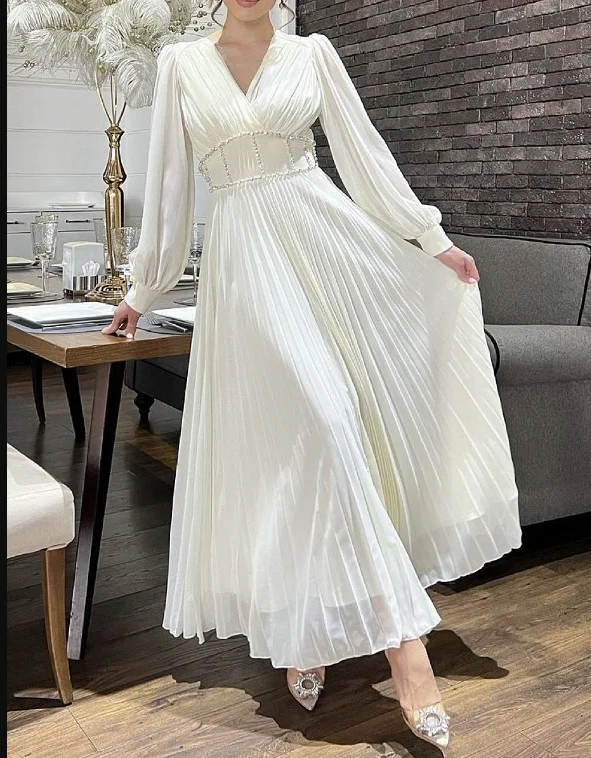 pink evening dress for prom -Elegant White Long Sleeves Prom Dress,White Evening Dress cc638