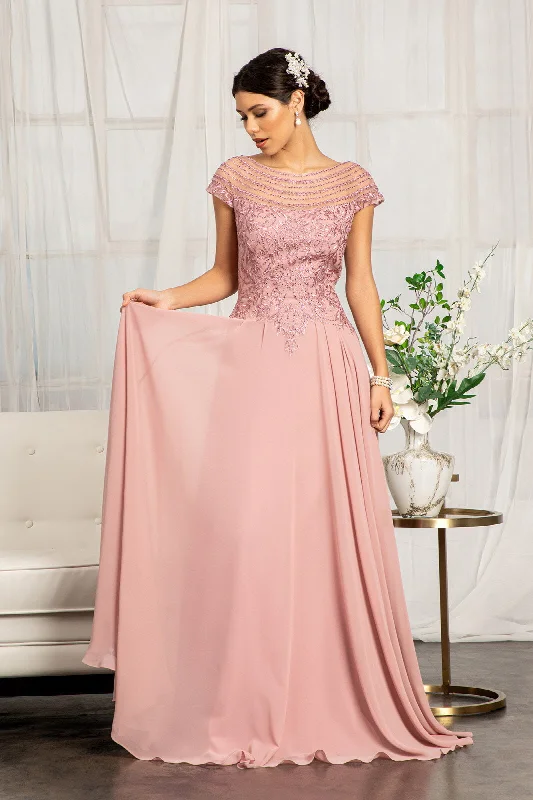 modern evening dress for summer -Embellished Cap Sleeve Chiffon Gown by Elizabeth K GL3065