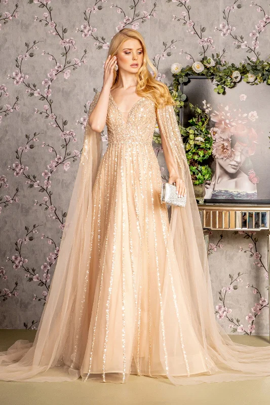 satin evening dress for summer -Embellished Cape Sleeve A-line Gown by GLS Gloria GL3494